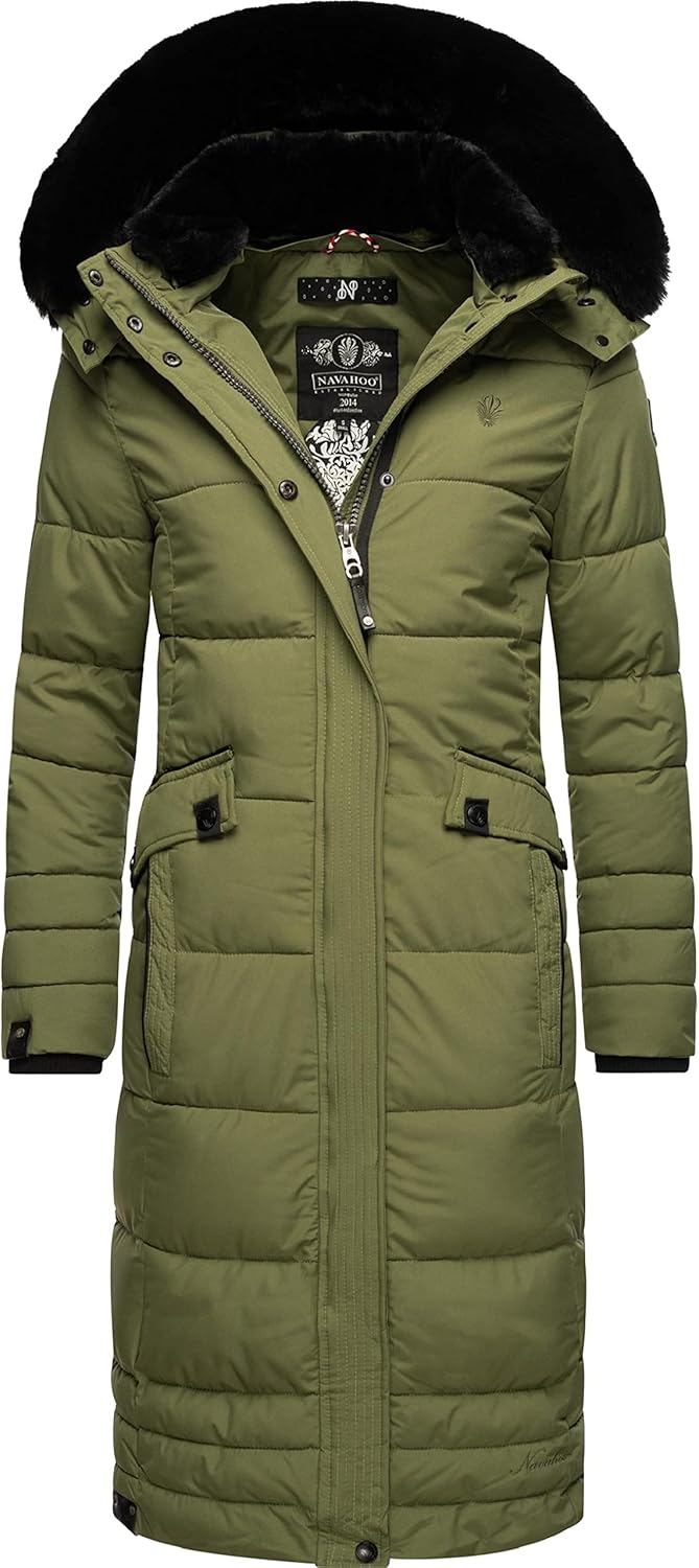Navahoo Damen Wintermantel Warmer Steppmantel lang mit Abnehmbarer Kapuze Fahmiyaa XS-3XL XS Dusty O