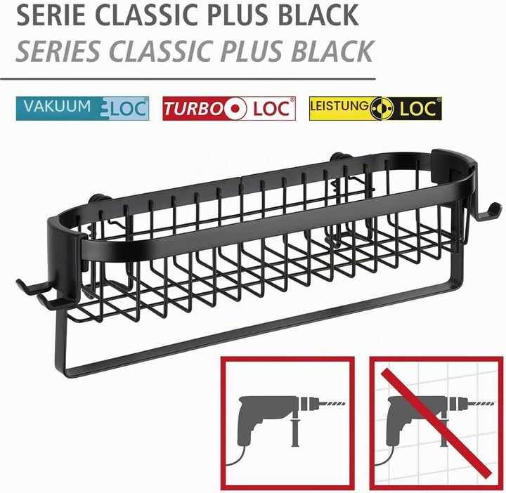 WENKO Wandablage mit Haken Classic Plus Black, Stahl, 35 x 10.5 x 12.5 cm, Schwarz Uno mit Haken Sin