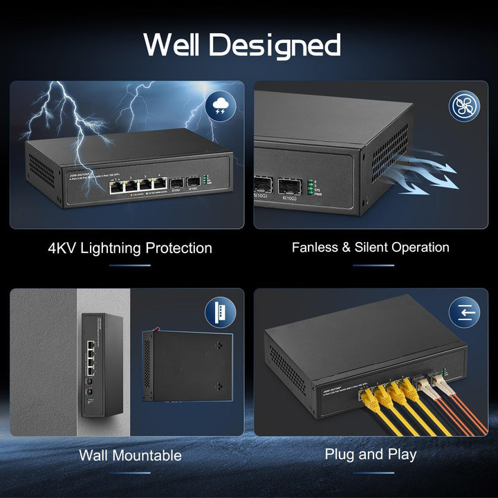 Binardat 6 Port 2.5G PoE Switch mit 2x10G SFP+ Port, 4x2.5G Base-T Ports kompatibel mit 100/1000Mbps