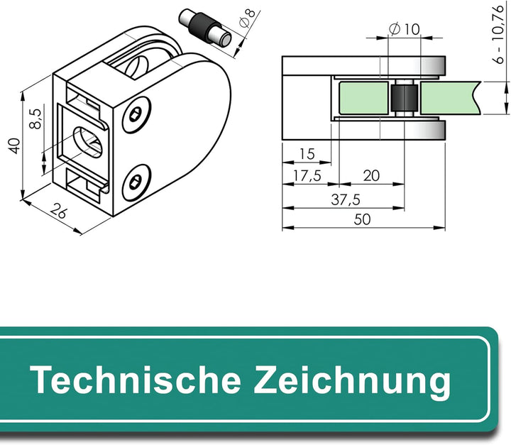 PRIOstahl Glashalter 4 Stück Glasklemmen Set Klemmhalter 50 X 40 x 26 mm Anschluss Flach für Glas 6