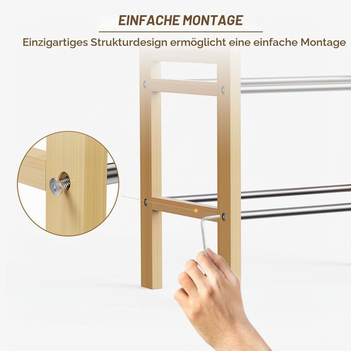 LEMIKKLE Schuhregal Holz Eiche 2-stöckig, Erweiterbar Mit Edelstahl-Elementen, Ideal Für Enge Räume,