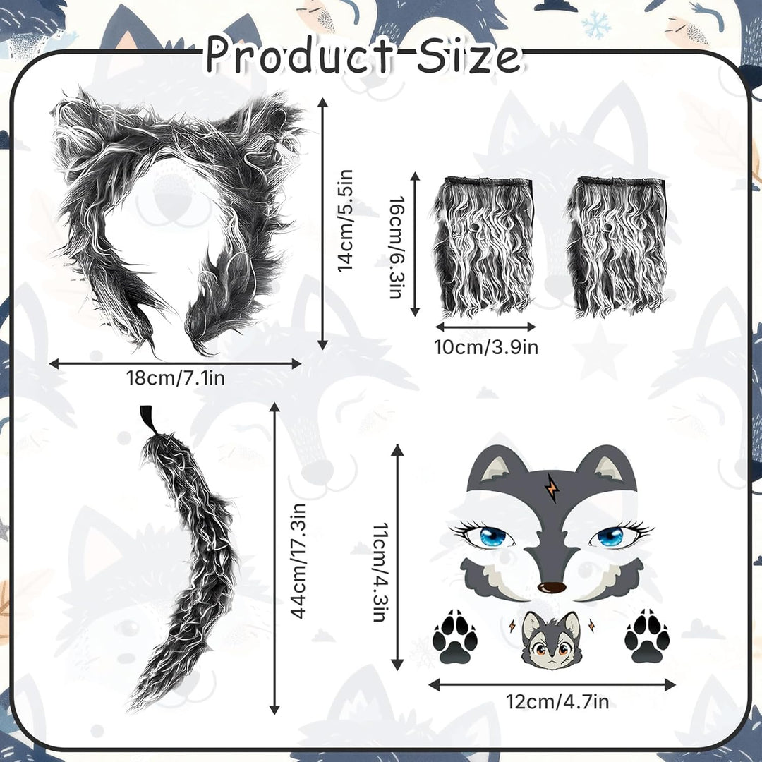 Wolfskostüm-Zubehör-Set, Wolfsohren, Handschuhe, Wölfe, Schwanz, Wölfe, Gesicht, Aufkleber, Kostüme