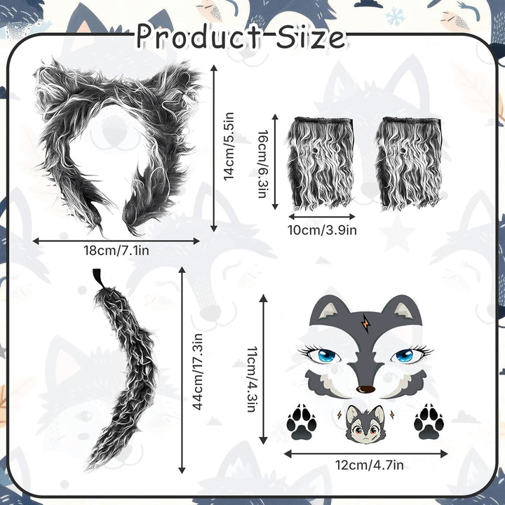Wolfskostüm-Zubehör-Set, Wolfsohren, Handschuhe, Wölfe, Schwanz, Wölfe, Gesicht, Aufkleber, Kostüme