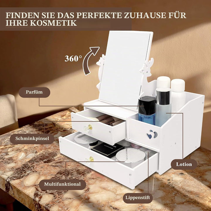 LEcylankEr Schminktisch Organizer mit 360° Spiegel und Schublade, Kosmetik Organizer aus PVC Weiss,