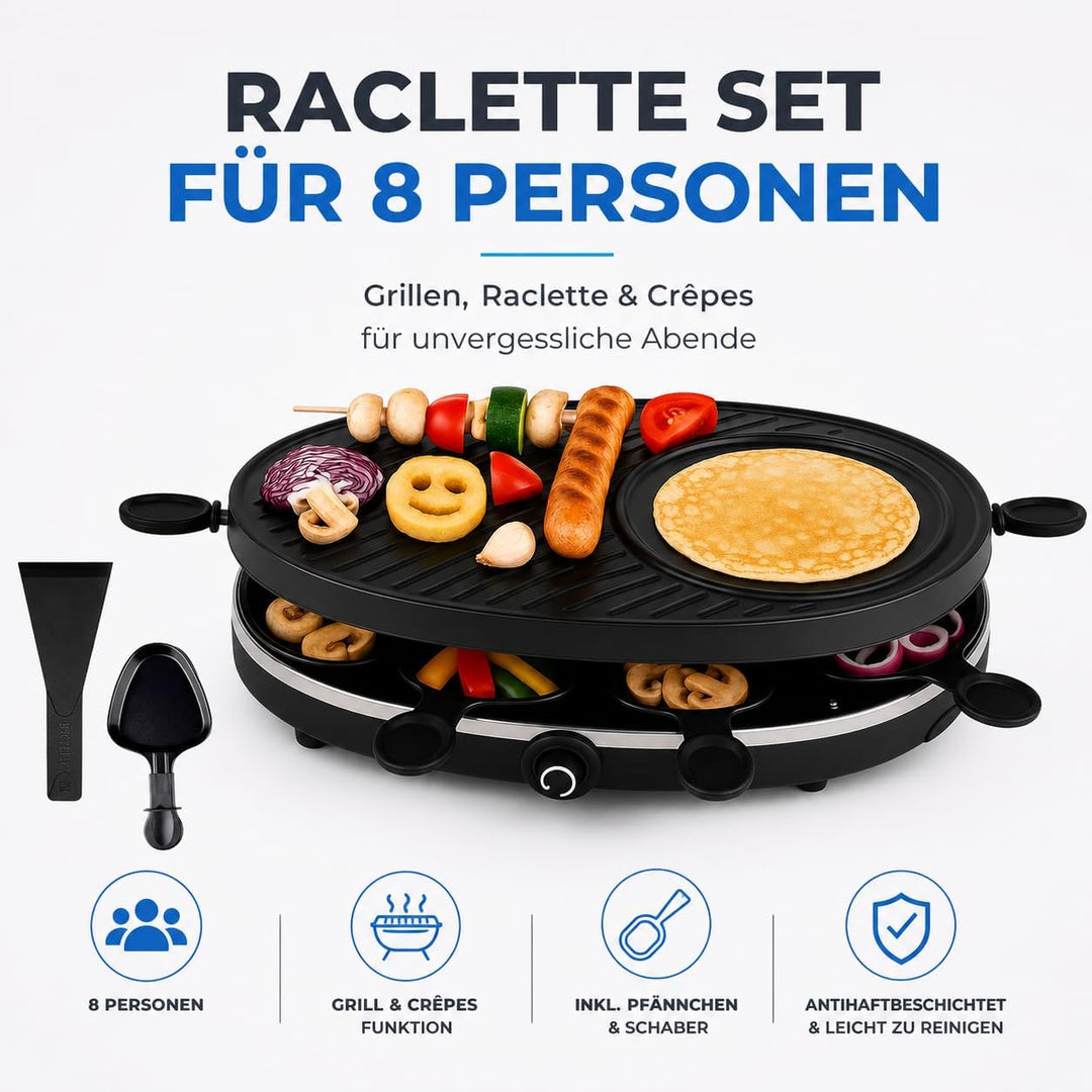 Raclette Set für 8 Personen - Grill oval - Mit Crepes Funktion - Tischgrill inkl. Pfännchen &amp; Schabe