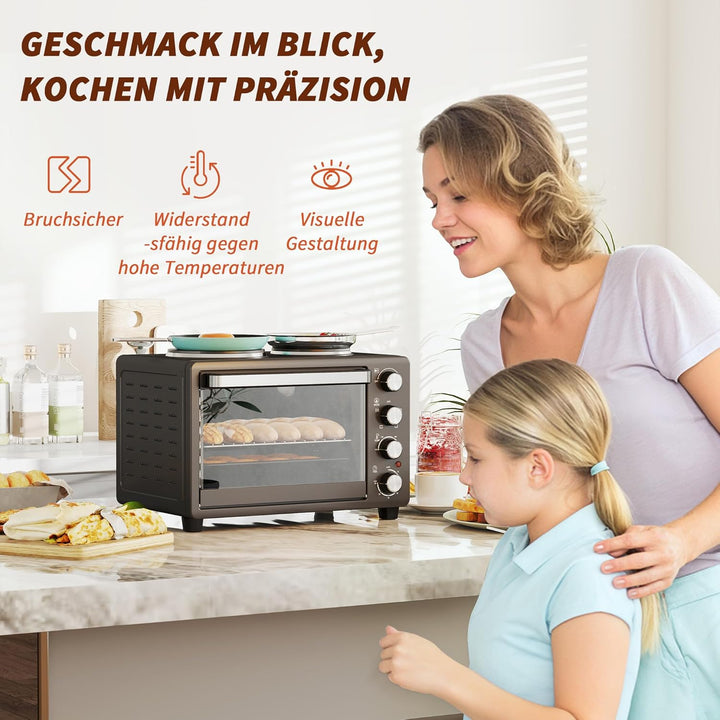 HOMCOM Minibackofen 28 L 2600W 100-230℃ Pizzaofen mit 60 Min. Timer, Grillrost 2 Kochplatten, Backbl