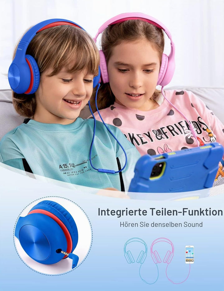 Nabevi Kopfhörer Kinder, Kinder Kopfhörer mit Kabel, 85/94dB Lautstärkegrenze, HD-Stereoton, Sharing