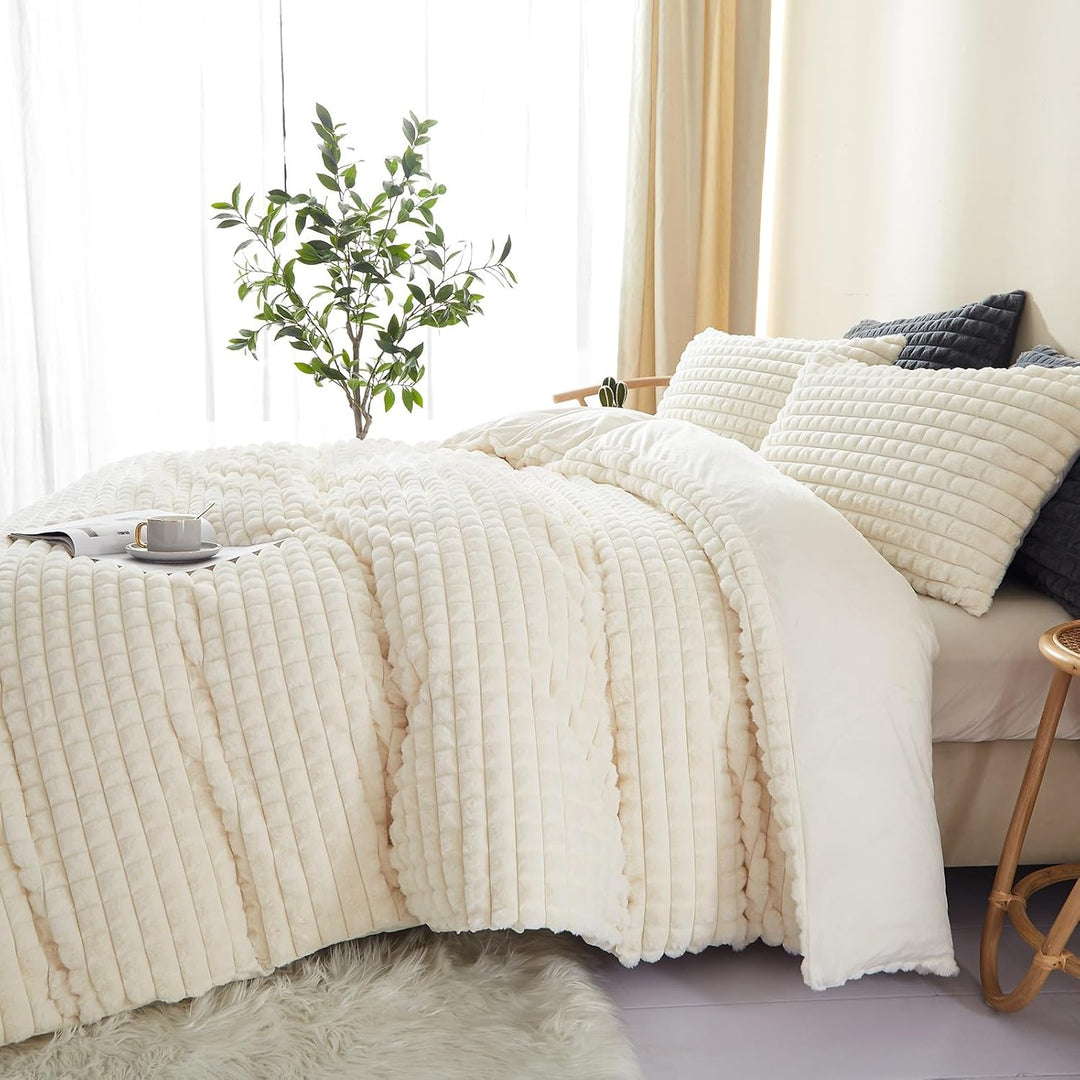Freyamy Plüsch Bettwäsche 135x200 Beige Kunstfell Flauschig Winterbettwäsche Warme Flanell Fleece De