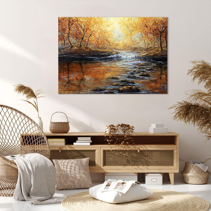 Bilder auf Leinwand 100x70cm Leinwandbild mit Rahmen Bach Park Baum Gross Wanddeko Bild Schlafzimmer