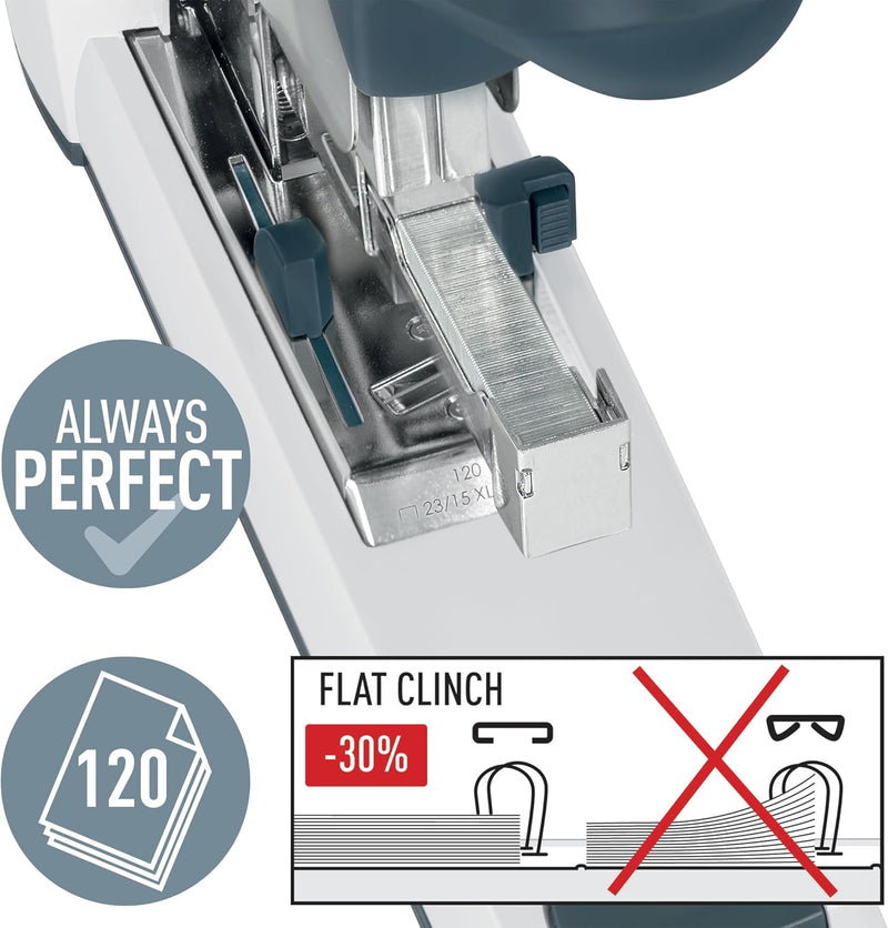 Leitz Superheftgerät, Für 120 Blatt Papier, Inkl. Heftklammern, Ergonomisches Design, Silber, 555300