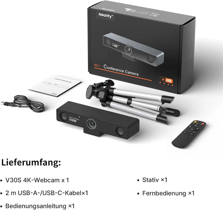 NEARITY V30S 4K Videokonferenzkamera mit Mikrofon, 120°-Sichtfeld/3-facher Digitalzoom, All-in-One-K
