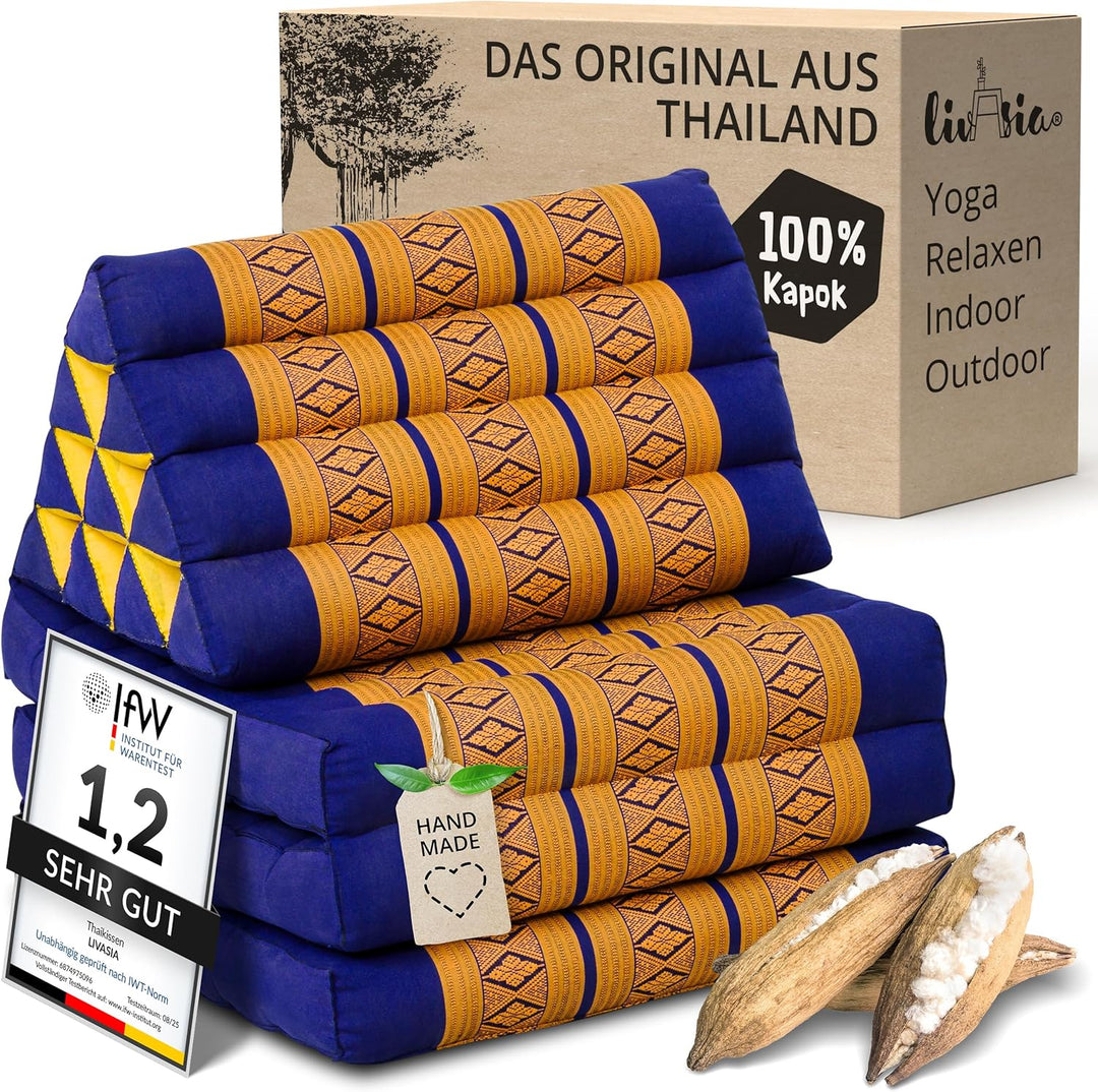 livasia Thaikissen mit 3 Auflagen, Dreieckskissen mit Klappmatratze, Keilkissen Kapok, Rückenkissen