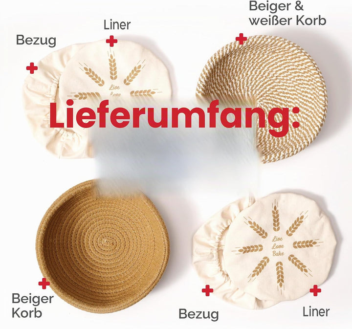 KneadAce Banneton Brotgärkorb-Set aus Baumwollseil, 2 x runder Brotkorb mit Einlagen und Abdeckungen