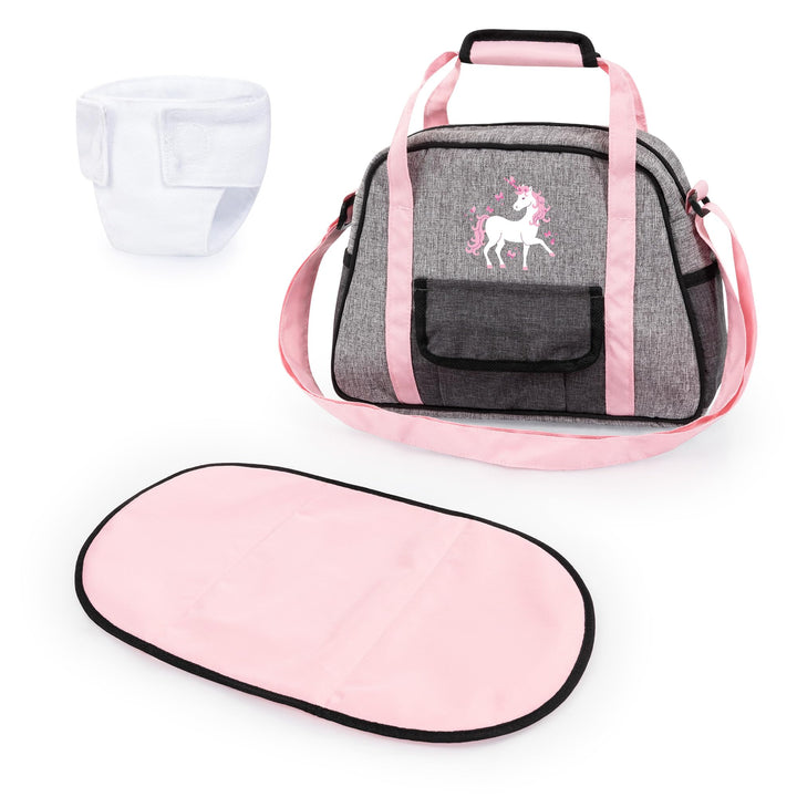 Bayer Design 69033AB Wickeltasche für Puppen, Wickelunterlage, Stoffwindel, Puppenzubehör, Jeans-gra