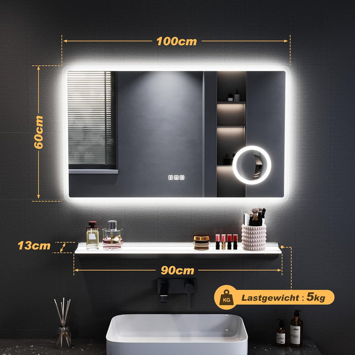 SONNI LED Badspiegel mit Bluetooth 100x60 cm, Touch Badezimmerspiegel mit Steckdose, 3 Lichtfarben,