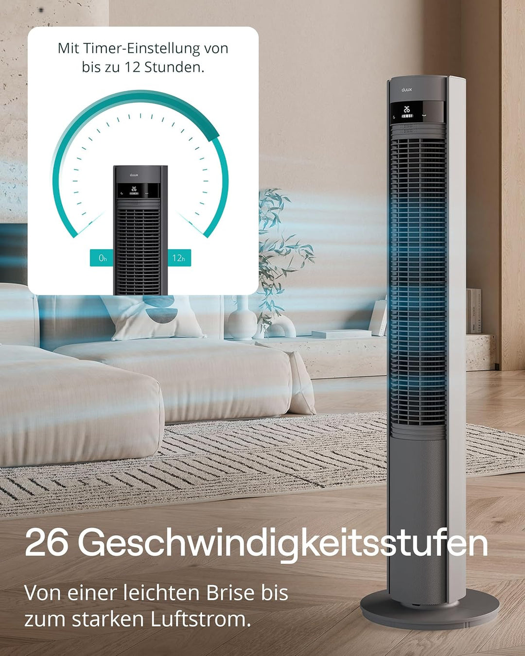 Duux Elevate Turmventilator – 12 Geschwindigkeiten, 80° Oszillation, Nur 25 dB, Ionisator, Timer (1–