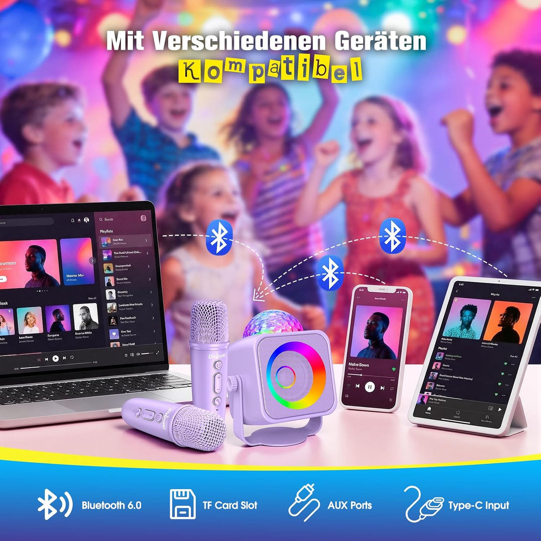 Dislocati Karaoke Maschine Mit 2 Bluetooth Mikrofon Kinder, Geschenk Mädchen 3-15 Jahre, Musik Spiel