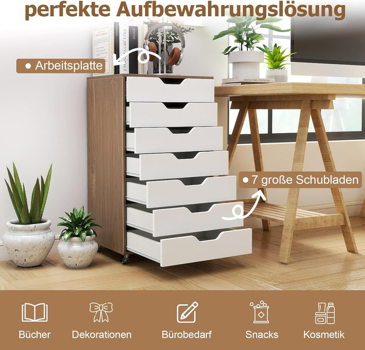COSTWAY Rollcontainer mit 7 Schubladen, mobiler Aktenschrank mit Rädern, Bürocontainer Schubladensch