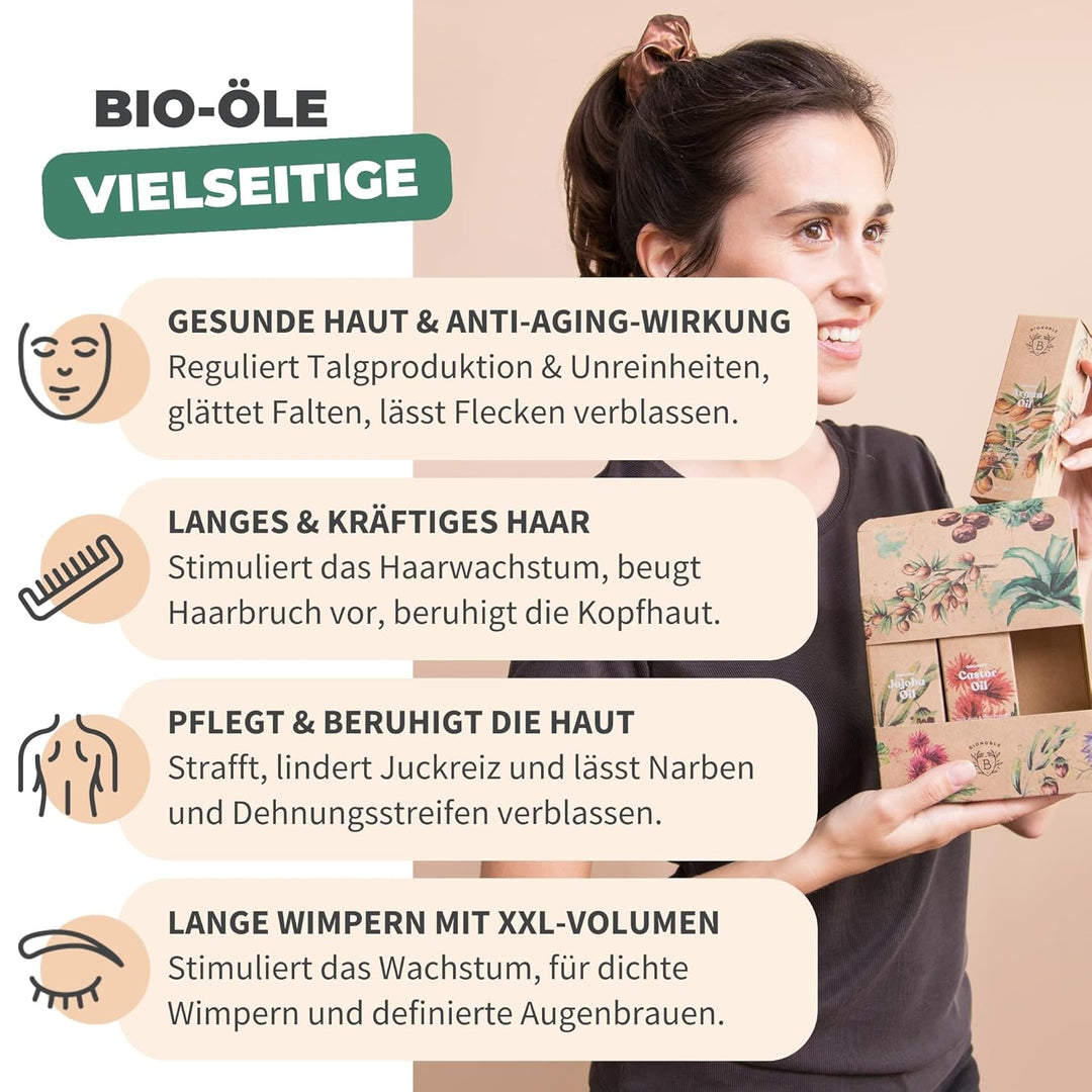 Bionoble Skincare Set 3x100ml - Bio Arganöl, Jojobaöl & Rizinusöl - Pflege für Gesicht, Körper und H