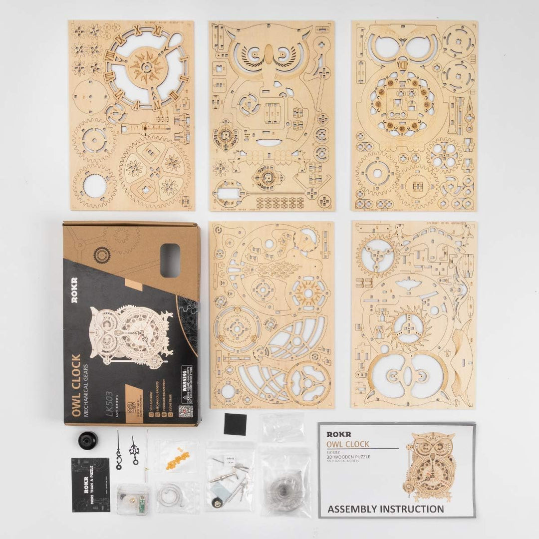 ROKR Owl Uhr Bausatz,3D Holzpuzzle für Erwachsene,Schreibtischdekoration Geschenk für Männer Frauen(