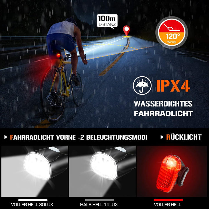 LED Fahrradlicht Set, STVZO Zugelassen Fahrradbeleuchtung Fahrradlampe Wasserdicht und USB-Aufladung