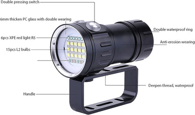 Tauchlicht, IPX8 wasserdicht, 18000 lm, 500 m, helle Perlen, Unterwasser-Taschenlampe, bis 80 m wass