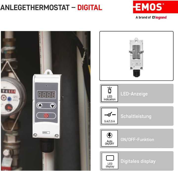 EMOS P5683 Anlegethermostat mit einstellbarer Schaltempfindlichkeit, Schraubenfeder und digitalem Di