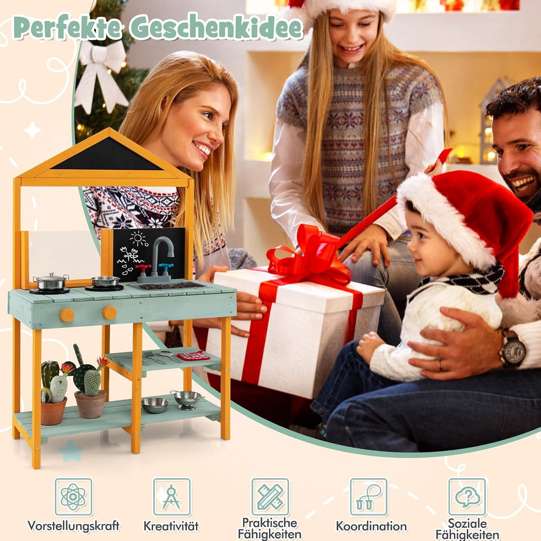 DREAMADE Matschküche Kinder Outdoor, Kinderküche Tannenholz, Spielküche mit Wasserhahn, Waschbecken,