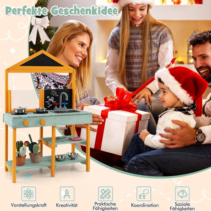 DREAMADE Matschküche Kinder Outdoor, Kinderküche Tannenholz, Spielküche mit Wasserhahn, Waschbecken,