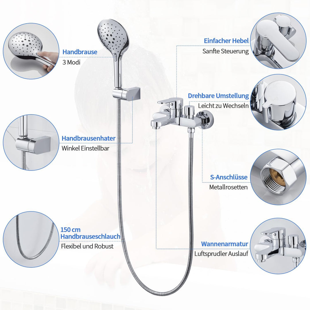 ROVOGO Badewannenarmatur mit 3-Funktionen Handbrause, Einhebel Wannenarmatur, Aufgerüstet Messing Dr