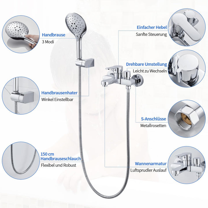ROVOGO Badewannenarmatur mit 3-Funktionen Handbrause, Einhebel Wannenarmatur, Aufgerüstet Messing Dr