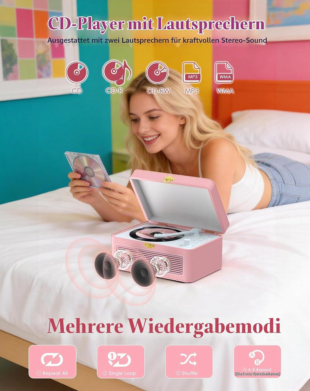 Tragbar CD Player Bluetooth Retro Radio mit CD-Player mit Lautsprecher Unterstützung USB &amp; AUX-Wiede