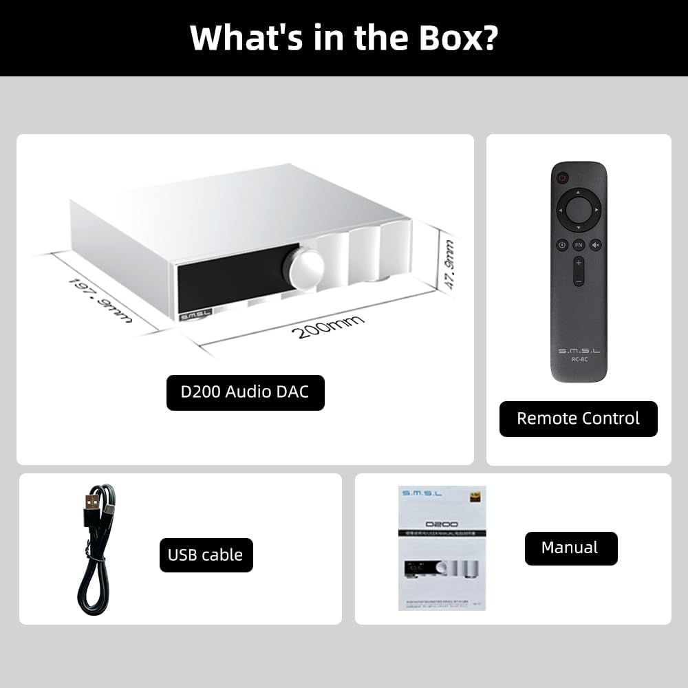 SMSL D200 Audio-Decoder, USB/Optisch/Koaxial/Bluetooth-Eingang, MQA/MQA – CD unterstützt, ROHM BD343