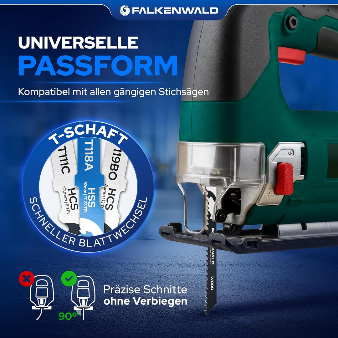 FALKENWALD® Stichsägeblätter Set 30tlg 20x Holz + 10x Metall - T-Schaft HCS & HSS - Für Weichholz, H