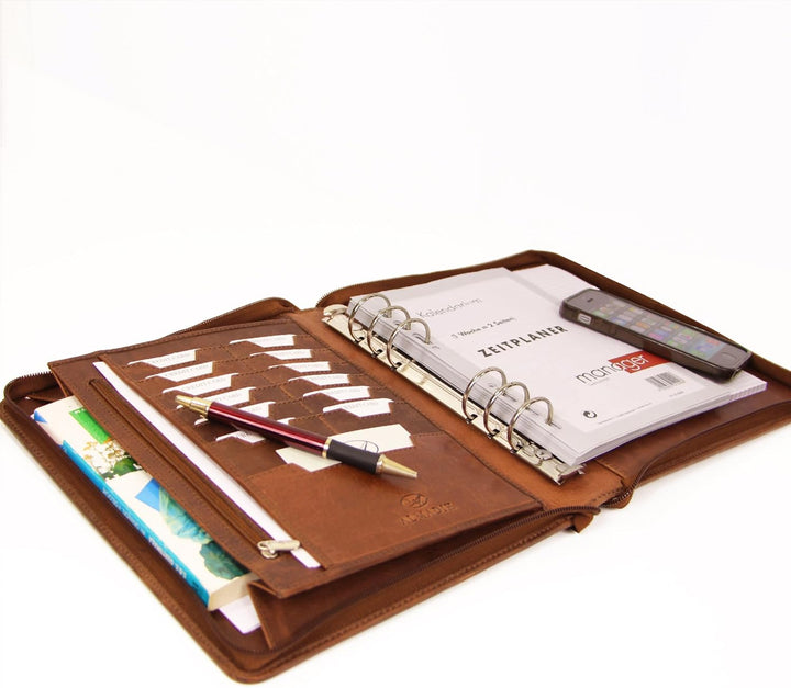 ALMADIH Leder A5 Organizer Ringmechanik Reissverschluss Kalender 2024 Schreibblock Premium Rindslede