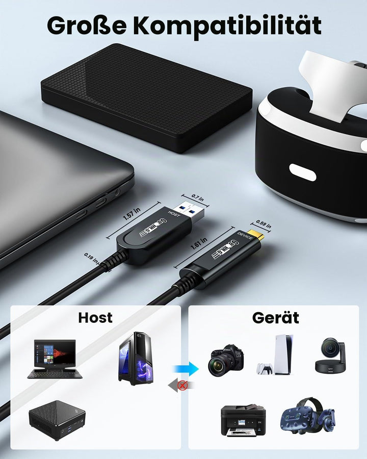 Glasfaser USB A auf USB C Kabel 10M, 10Gbps USB 3.1 High-Speed Datenübertragung Aktives Optisches US
