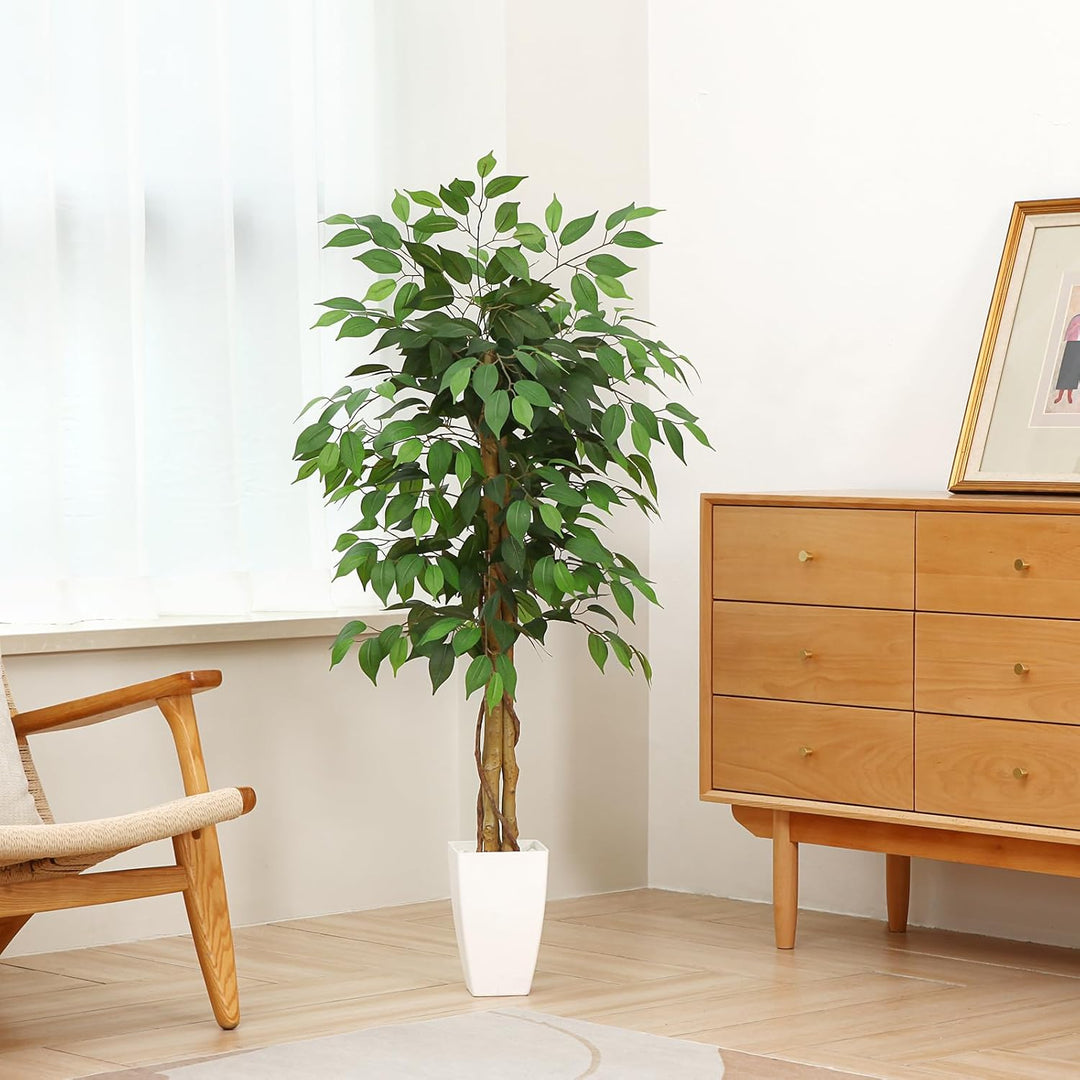 Kazeila Künstliche Pflanzen Gross 120cm Ficus Kunstpflanze mit Weiss Topf Fake Plastikpflanzen für H