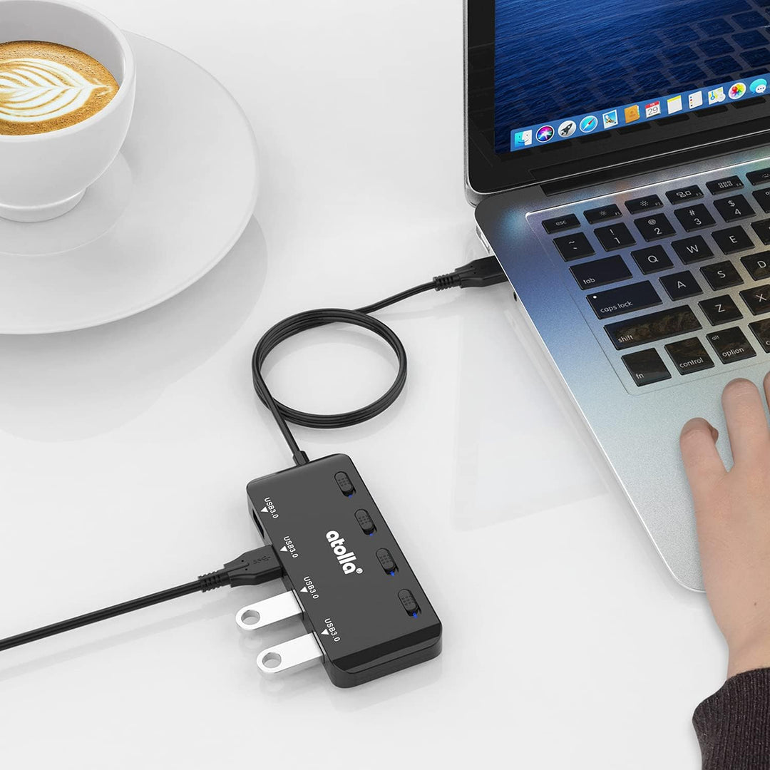 atolla USB Hub mit 4 USB 3.0 Ports, 60cm Kabel, Ultra dünn USB Verteiler mit einzelnen Power Schalte