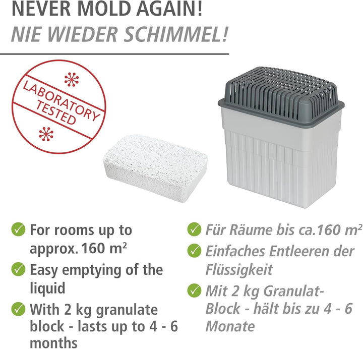 WENKO Feuchtigkeitskiller mit 2 kg Granulatblock, Raumentfeuchter, fasst bis zu 2,8 l Feuchtigkeit,