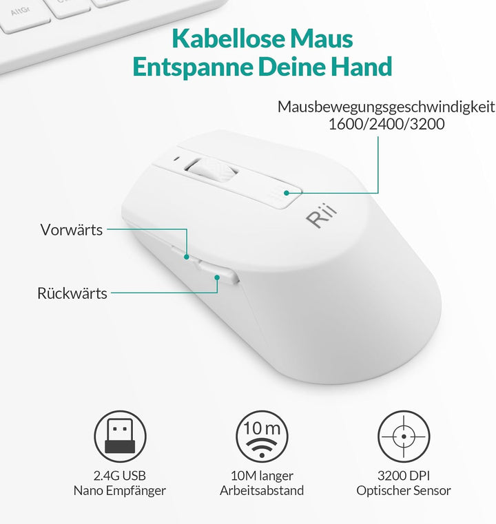 Rii Tastatur Maus Set Kabellos, 2.4G Kabellose Kompakte Tastatur mit Funkmaus für Laptop, PC und Sma