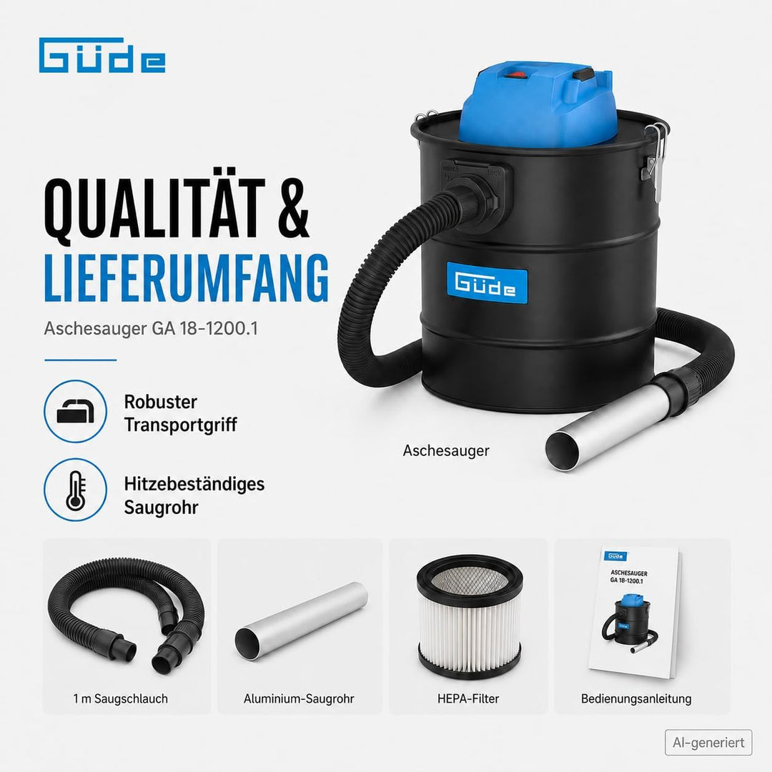 Güde 17010 GA 18-1200.1 Aschesauger, 18 Liter Behältervolumen, schwarz