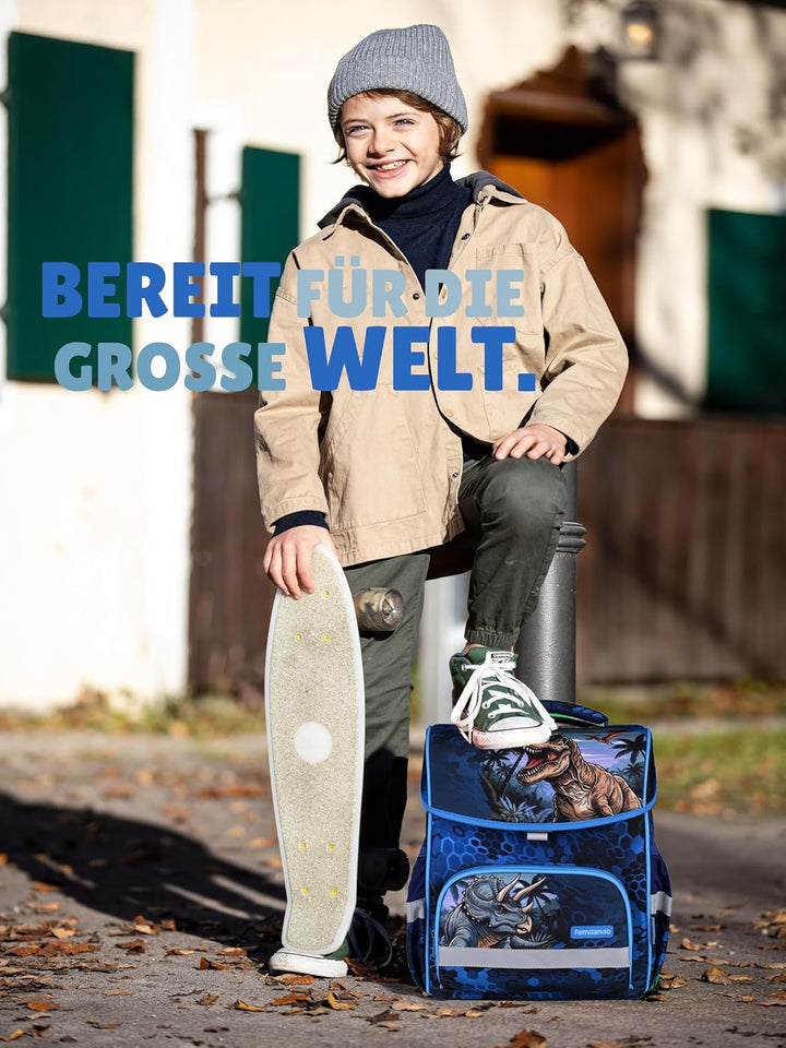 Familando - Basic-Plus Schulranzen Set - 10-teilig mit Schultüte - T-REX Dino - Ergonomisch, stabil