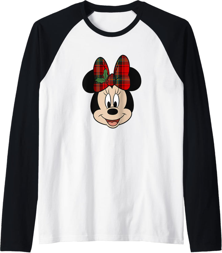 Disney Minnie Mouse Smile Mistletoe Red Plaid Bow Christmas Raglan