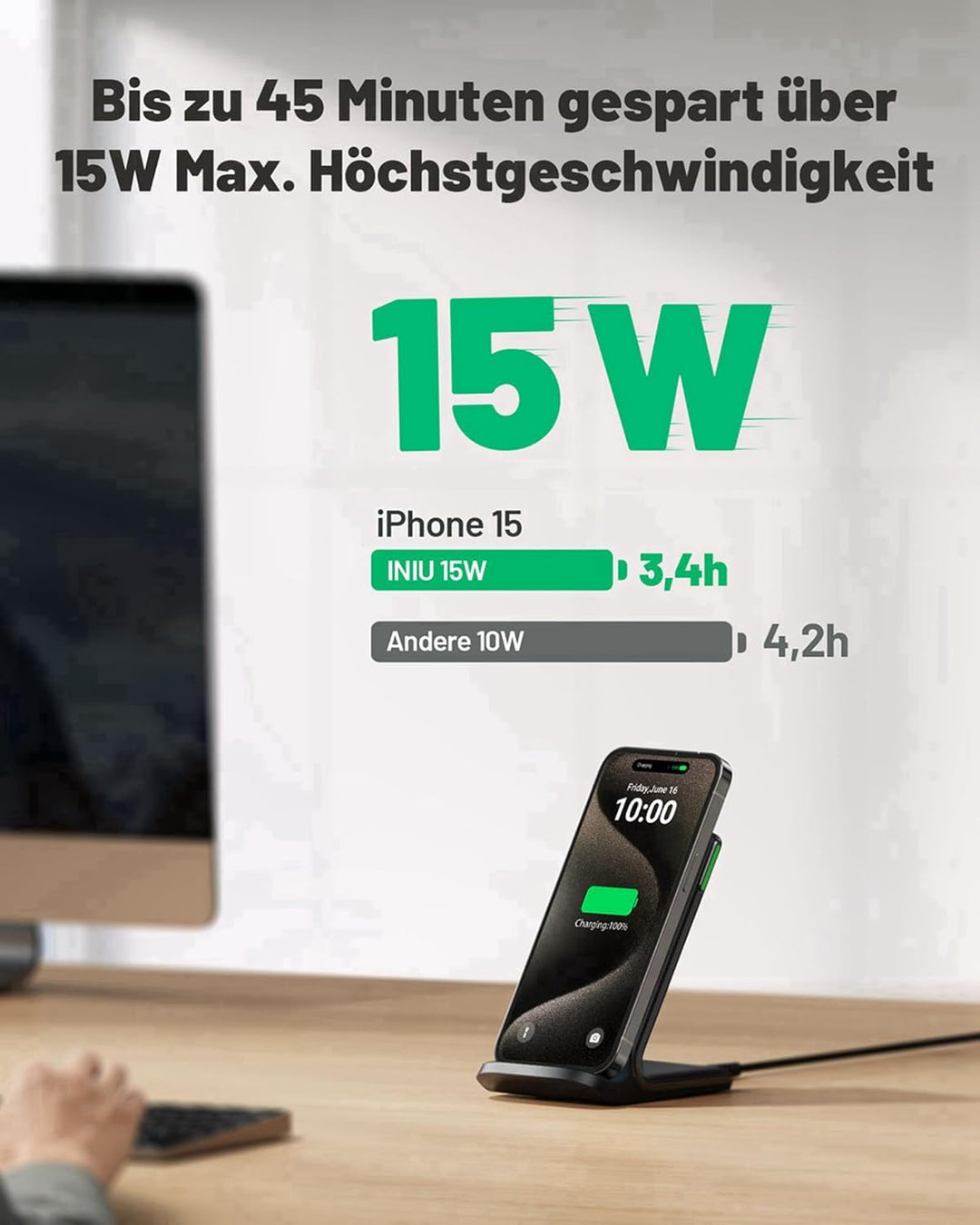 INIU Wireless Charger Stand, 15W Qi Zertifiziert Induktive Ladestation Schnelles Kabelloses Ladegerä