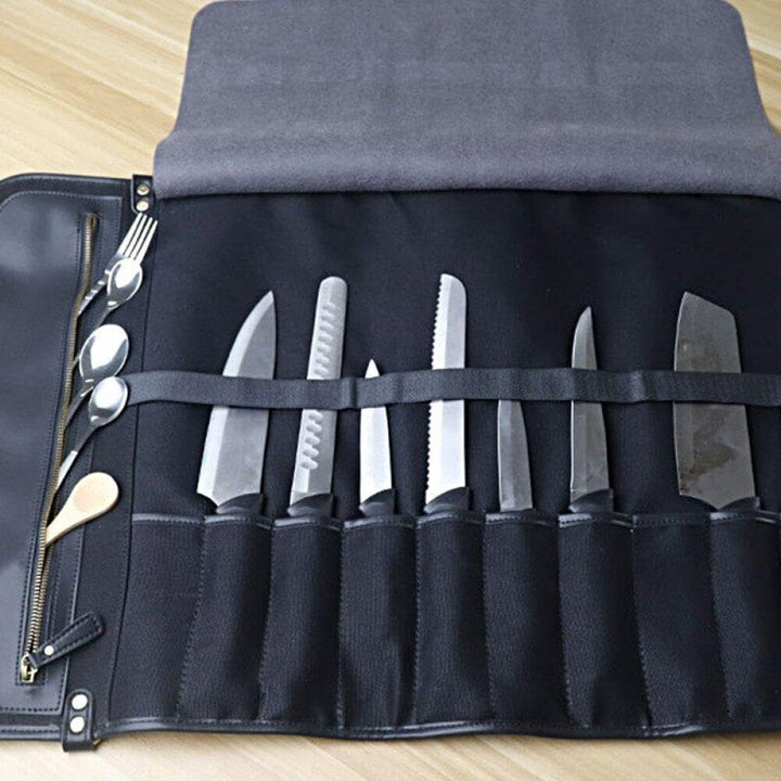 Kochmesser-Rolltasche Multifunktions-Werkzeug-Rolltasche Leder-Messer-Tragetasche mit 10 Taschen für