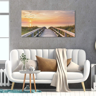 PICANOVA – Bild auf Leinwand Holzweg zum Meer 100x50cm – Leinwandbild – Premium Leinwanddruck – Wand