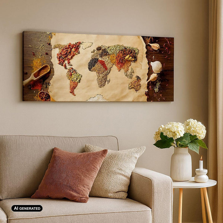 Wandbilder Dekoration Wohnzimmer Welt Karte Gewürze Farben Panorama Bilder auf Leinwand 120x50cm Lei