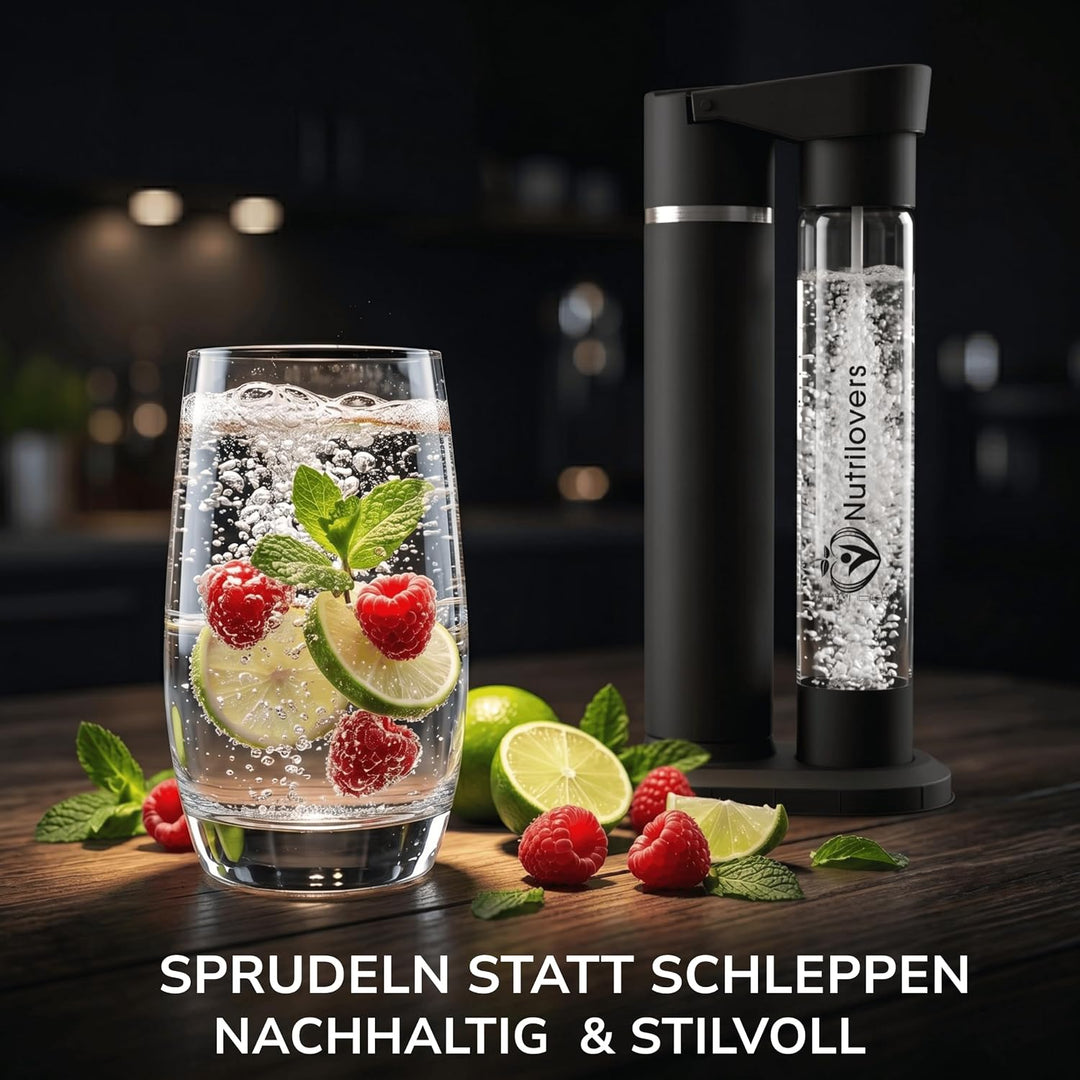 Nutrilovers Wassersprudler 2.0 Edelstahl, Designer Flasche (38 CM hoch), PET-Flasche, BPA-frei, pate