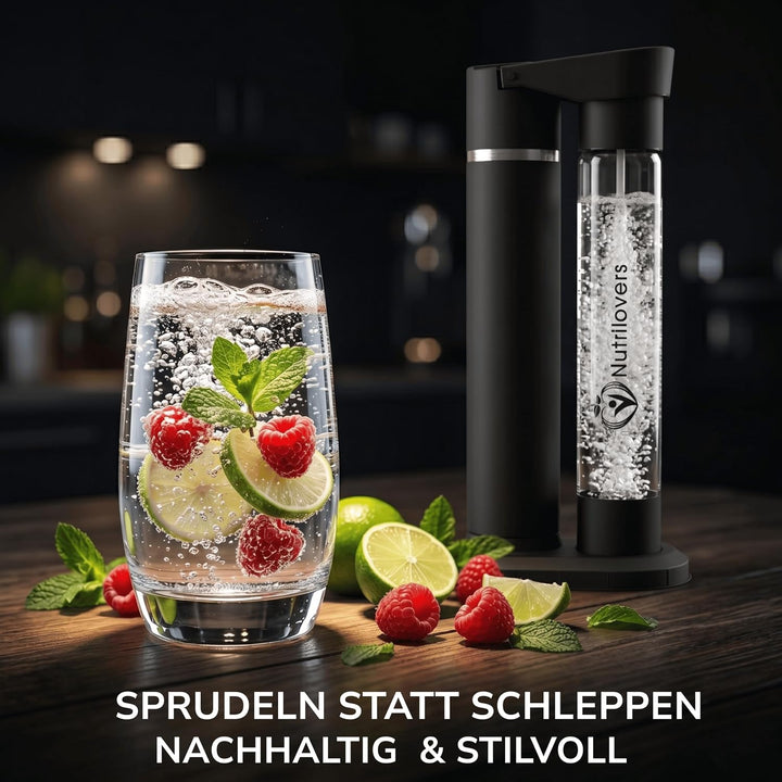 Nutrilovers Wassersprudler 2.0 Edelstahl, Designer Flasche (38 CM hoch), PET-Flasche, BPA-frei, pate