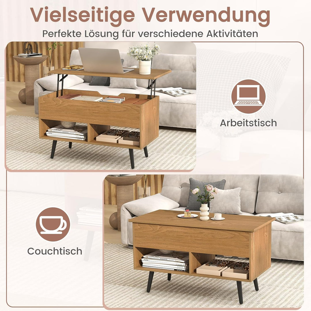 COSTWAY Couchtisch höhenverstellbar, Sofatisch mit anhebbarer Tischplatte & 2 offenen Regalen, auszi